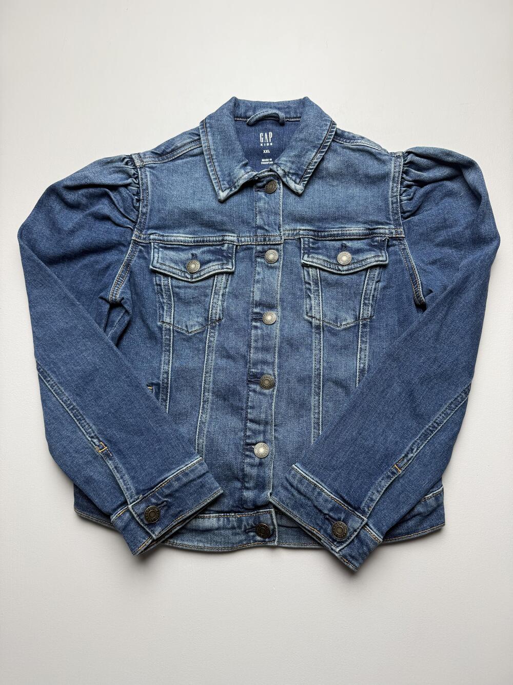Gap Denim Jacket Girls 2XL Blue Puff Sleeve Jean Button Front Pockets Casual